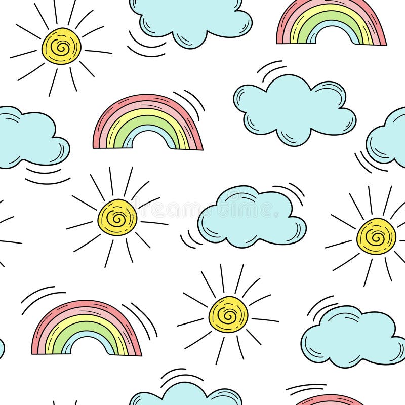 Cute seamless pattern with a rainbow, clouds and sun on white royalty free illustration