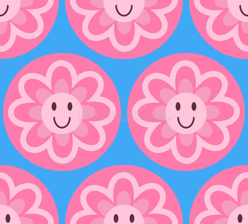 Cute seamless pattern with smiling daisy flower in pink color on blue backdrop. Vector illustration, sweet y2k clip art, retro, vintage texture design. Modern trendy psychedelic smile floral wallpaper.