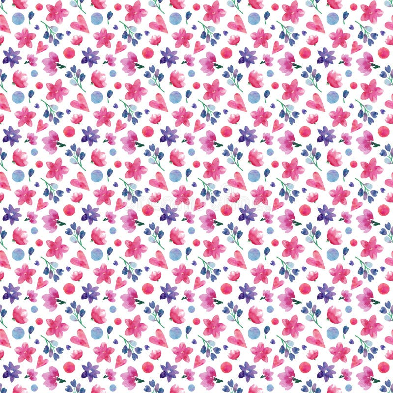 Cute seamless pattern with watercolor flowers and hearts on white background. Hand illustration stock illustration Cute seamless pattern with watercolor flowers and hearts on white background. Hand illustration stock illustration