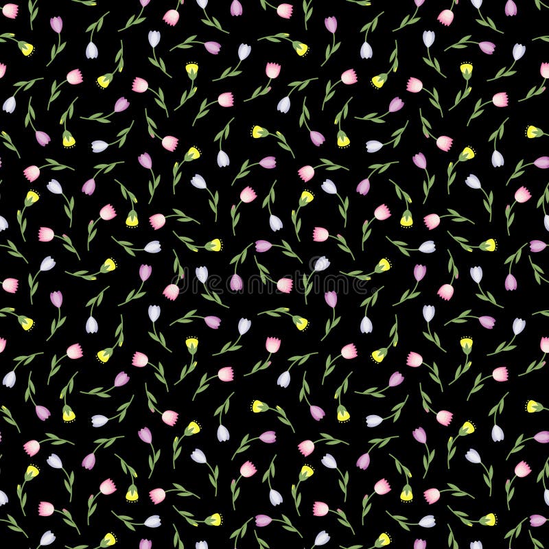 Cute seamless spring summer tiny flower vector pattern on black background. Floral background.