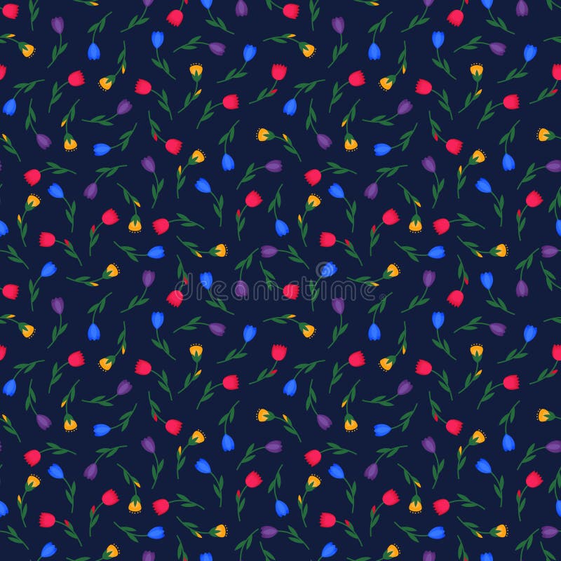 Cute seamless spring summer tiny flowers vector pattern on dark blue background. vector illustration Cute seamless spring summer tiny flowers vector pattern on dark blue background. vector illustration