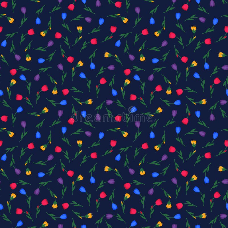 Cute seamless spring summer tiny flowers vector pattern on dark blue background.