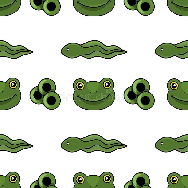 Cute seamless vector pattern featuring smiling frog faces and tadpoles on a white background. Tadpole cute vectors