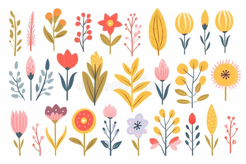 Cute set of abstract isolated fall flowers, cartoon children Scandinavian style, seamless pattern.  AI generated