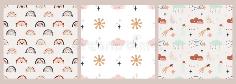 Tipare boemiene drăguțe, fără sudură, cu nori de soare și curcubeu. imprimanta vectorului boho pentru țesături tip card postcard boem.