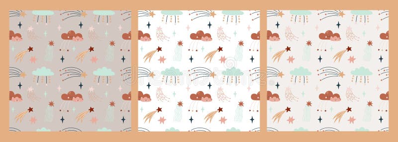Cute set Bohemian seamless patterns with sun, rainbow, heart, clouds. vector illustration