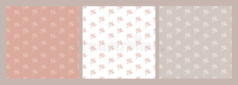 Cute set Bohemian seamless patterns with twigs, leaves, plants. Boho vector print for fabrics stock illustration