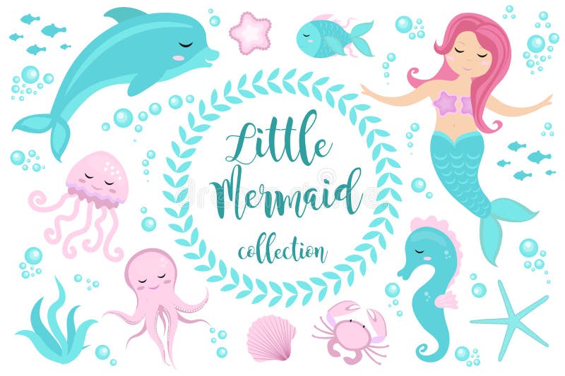Cute set Little mermaid and underwater world. Fairytale princess mermaid and dolphin, octopus, seahorse, fish, jellyfish vector illustration Cute set Little mermaid and underwater world. Fairytale princess mermaid and dolphin, octopus, seahorse, fish, jellyfish vector illustration
