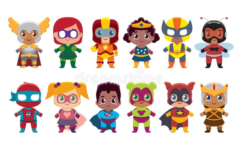 Vector cute set superheros colorful isolated stock illustration.