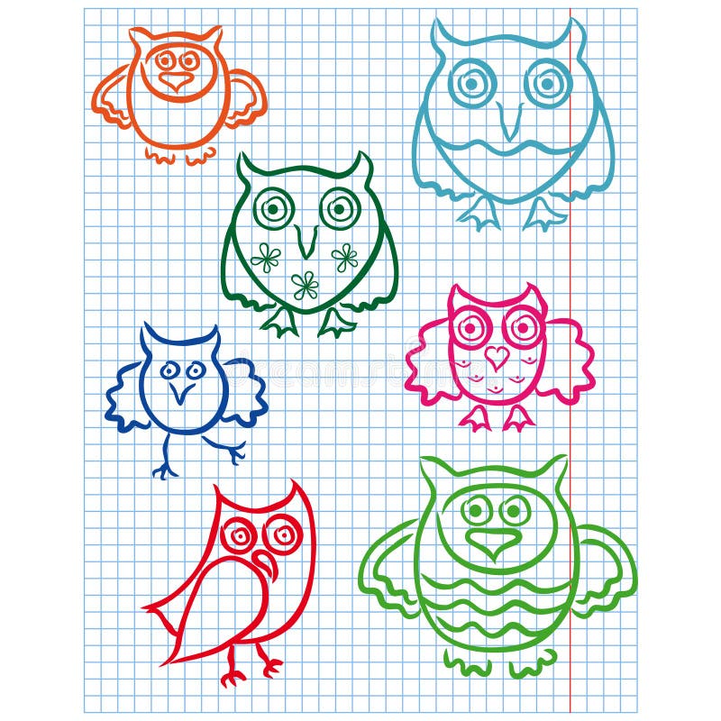 Set of seven cute color owls drawing on a checkered sheet, vector illustration. Set of seven cute color owls drawing on a checkered sheet, vector illustration