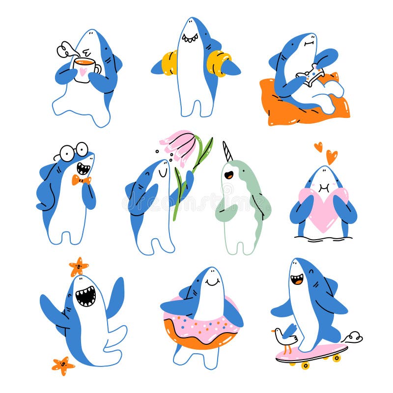 Cute Shark Cartoon Vector Mascot Collection Stock Vector - Illustration