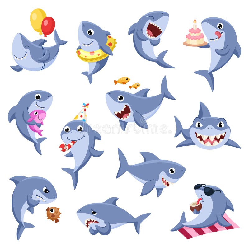 Cute sharks set. Underwater sharks, marine cartoon animals. Sea danger, funny fish life. Wild ocean characters with baby