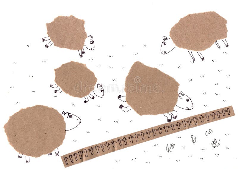 Cute sheep on pasture with fence. Craft paper collage on white background. royalty free stock photos Cute sheep on pasture with fence. Craft paper collage on white background. royalty free stock photos