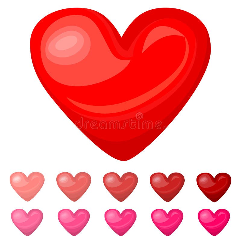 Cute shiny red pink heart icons set on white background