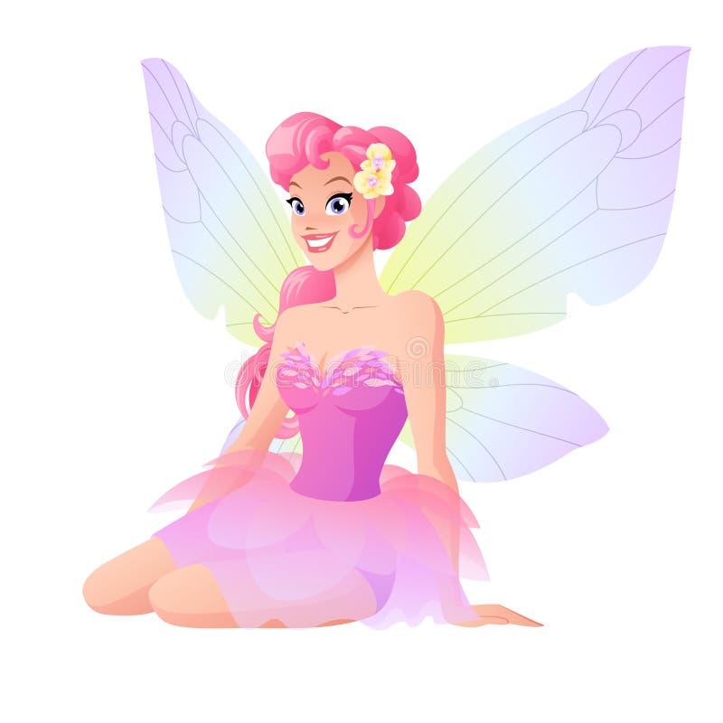 Cute sitting fairy in pink flower petal dress with butterfly wings. Cartoon style vector illustration on white background. Cute sitting fairy in pink flower petal dress with butterfly wings. Cartoon style vector illustration on white background.