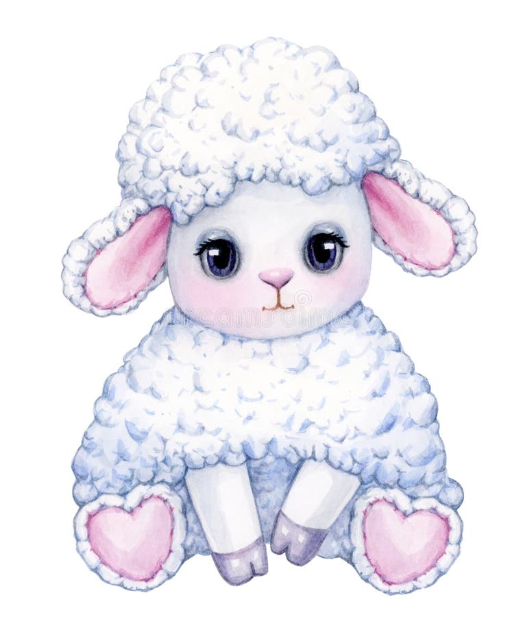 Cute, sitting, white sheep cartoon, isolated on white. Sweet lamb cartoon illustrations