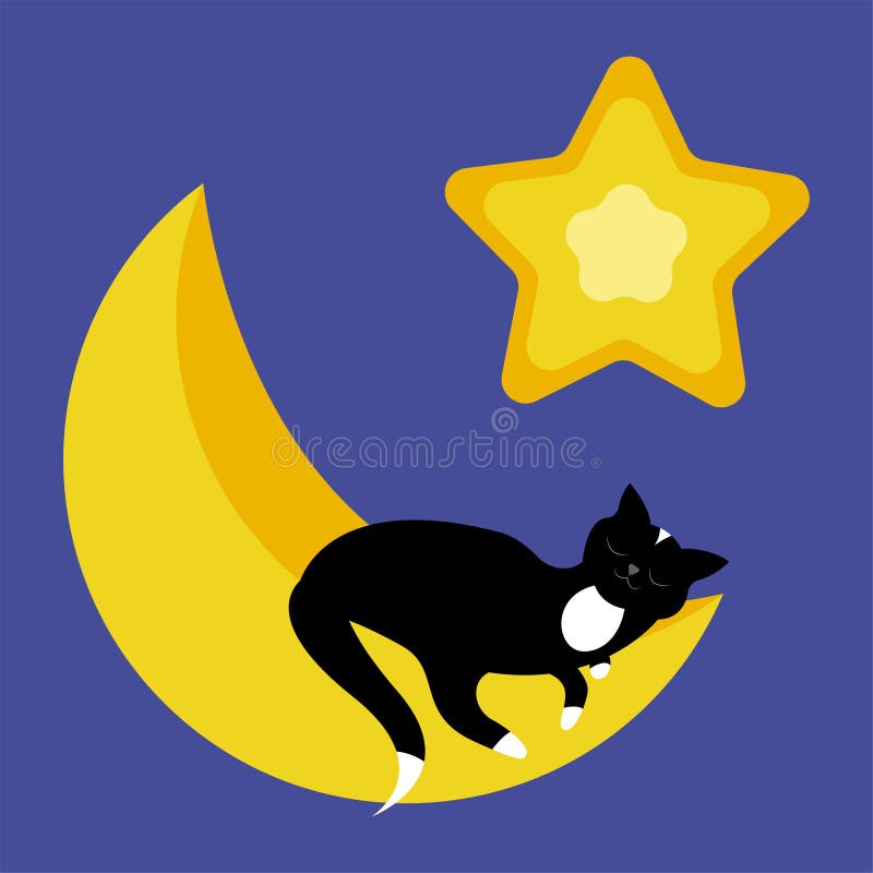 Cute Sleeping Black Cat on Crescent and Star Stock Vector ...