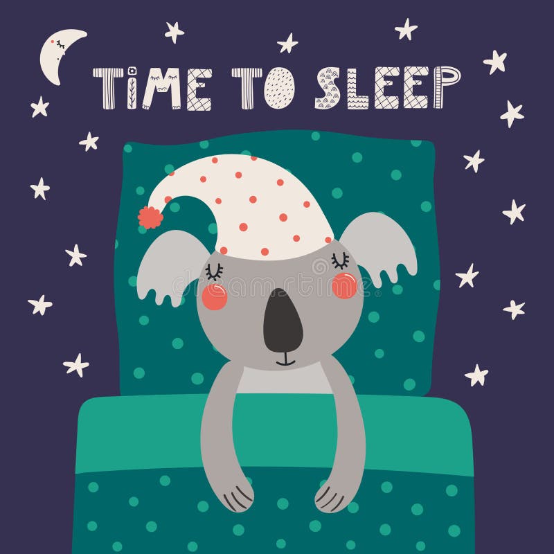 Hand drawn vector illustration of a cute funny sleeping koala in a nightcap, with pillow, blanket, quote Time to sleep. Isolated objects. Scandinavian style flat design. Concept for children print. Hand drawn vector illustration of a cute funny sleeping koala in a nightcap, with pillow, blanket, quote Time to sleep. Isolated objects. Scandinavian style flat design. Concept for children print.