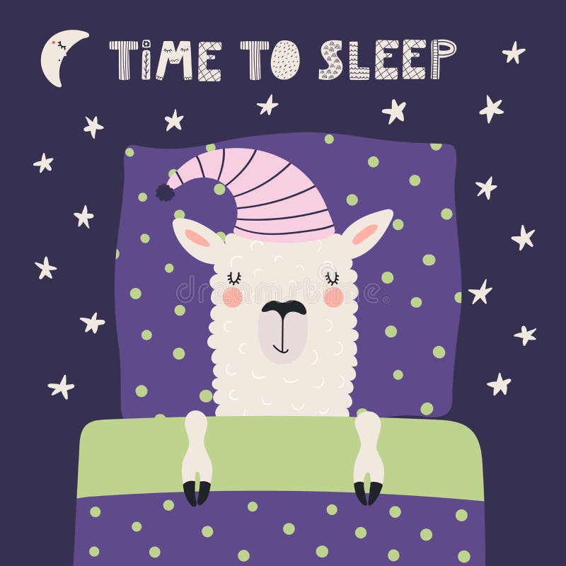 Hand drawn vector illustration with cute sleeping llama in a nightcap, pillow, blanket, moon, stars, text Time to sleep. Scandinavian style flat design. Concept for children print