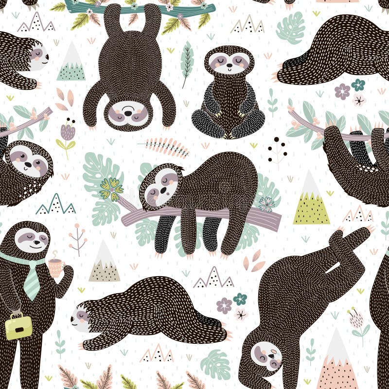 Cute sleeping sloths seamless pattern. Adorable animal background vector illustration