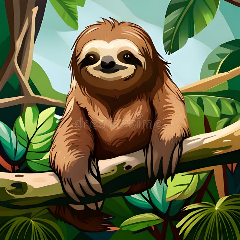 Cute Sloth Sits on a Log in the Jungle, Cartoon Character Stock Illustration - Illustration of ...