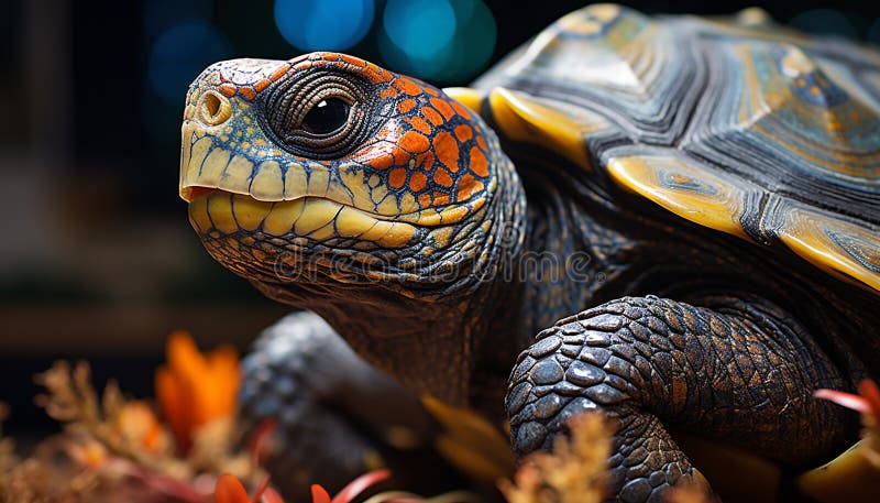 A cute, slow turtle crawling outdoors, looking at camera generated by AI royalty free stock photo