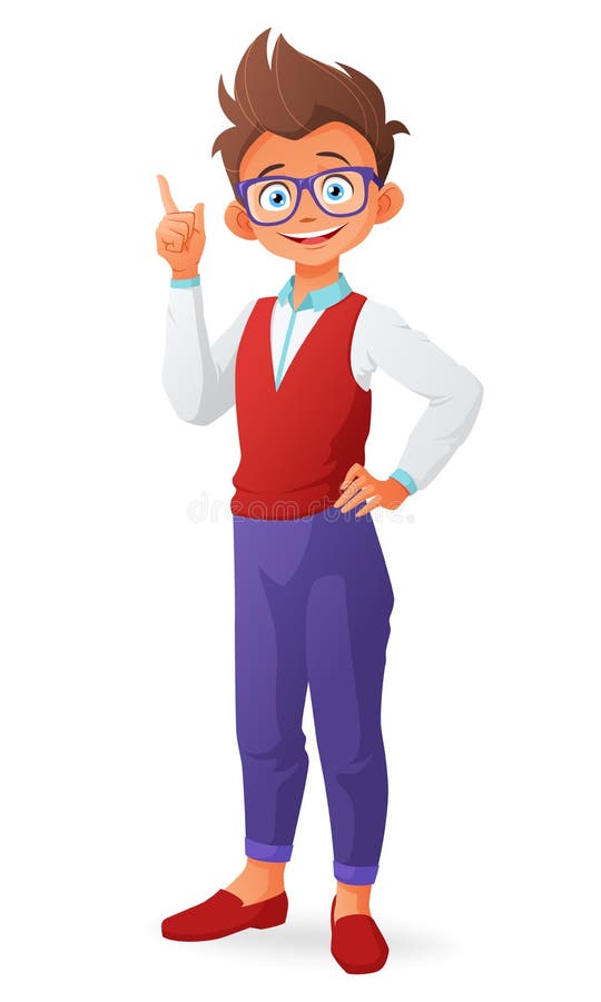 Cute smart young boy with glasses and finger point up having an idea. Cartoon vector illustration isolated on white background.