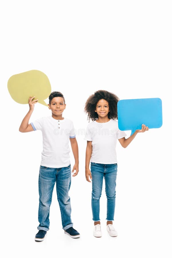 cute smiling african american kids holding blank speech bubbles isolated on white