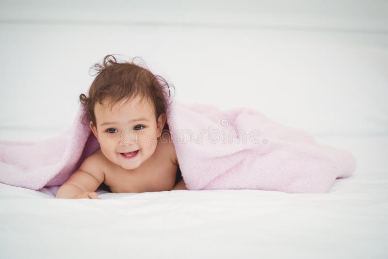 Cute Smiling Baby Lying Under Blanket Stock Image Image of innocent