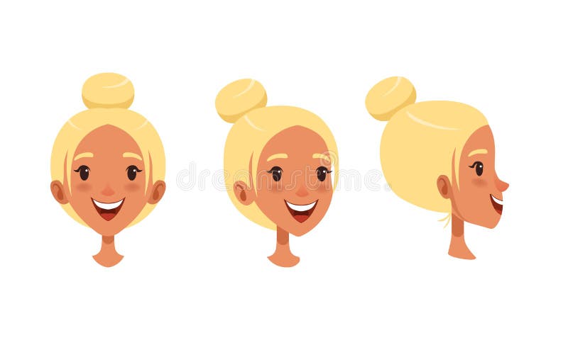 Cute Smiling Blonde Girl Set, Different View of Girl Face, Front, Profile  Side and Three Quarter View Cartoon Style Stock Vector - Illustration of  hair, facial: 198212778