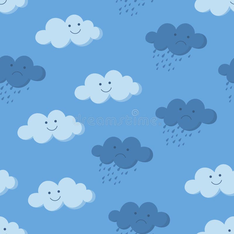 Cute smiling and crying rainy clouds in the sky seamless pattern stock illustration Cute smiling and crying rainy clouds in the sky seamless pattern stock illustration