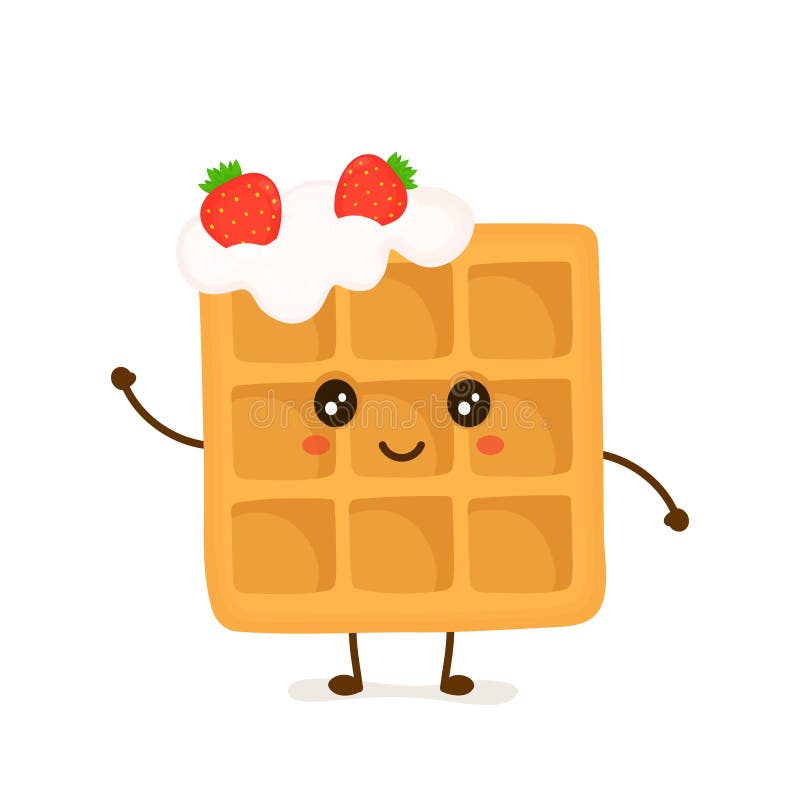 Cute smiling funny viennese waffle with whipped cream and strawberries. Vector flat cartoon illustration character icon design. Isolated on white background.Fast food waffle dessert concept