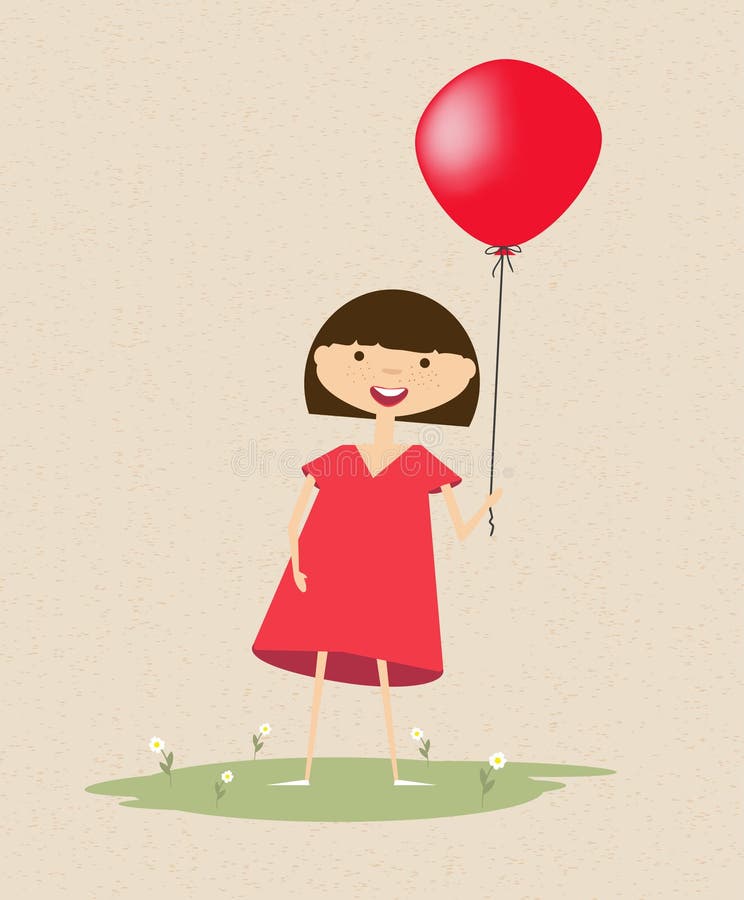 Cute Smiling Girl with a Red Balloon. Stock Vector - Illustration of  people, girl: 91130328