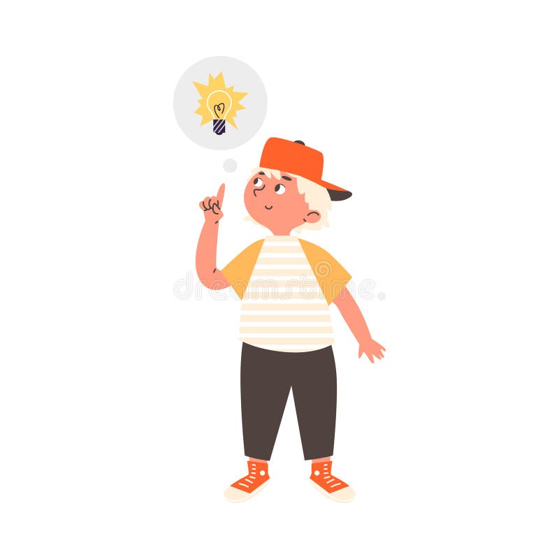 Cute smiling kid boy having idea and points finger up to bulb vector illustration