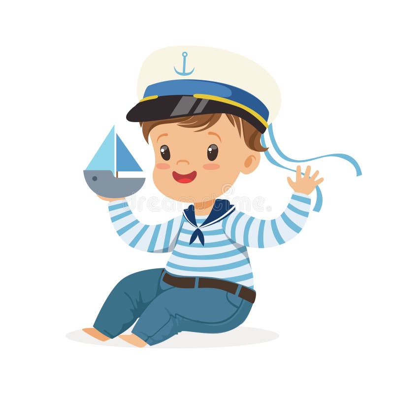 Cute smiling little boy character wearing a sailors costume sitting on the floor playing toy boat colorful vector