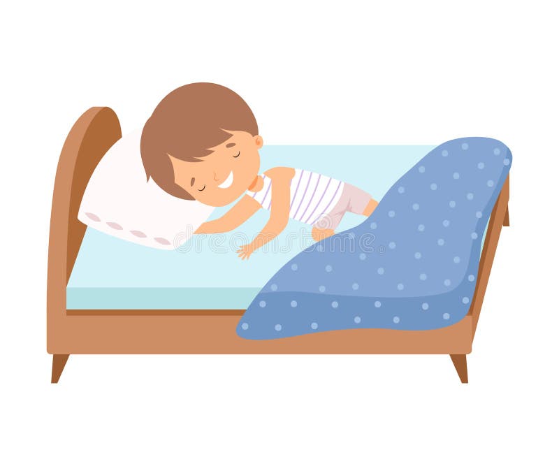 Cute Smiling Little Boy Sleeping Sweetly in His Bed Vector Illustration ...