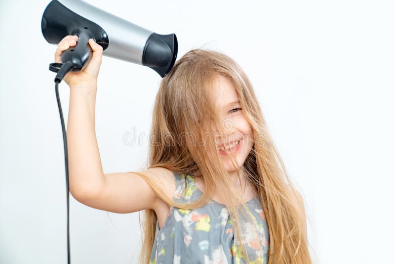 Little Girl Drying Her Long Hair with Hair Dryer Stock Image - Image of  isolated, girl: 180596135