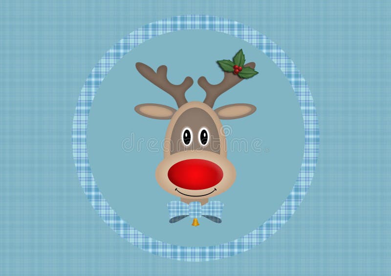 Cute smiling reindeer in circle on light blue background with plaid pattern, Christmas card design royalty free illustration Cute smiling reindeer in circle on light blue background with plaid pattern, Christmas card design royalty free illustration