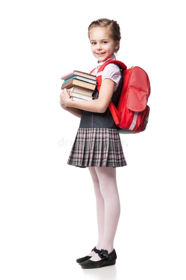 Cute Smiling Schoolgirl in Uniform Standing on Stock Image - Image of ...