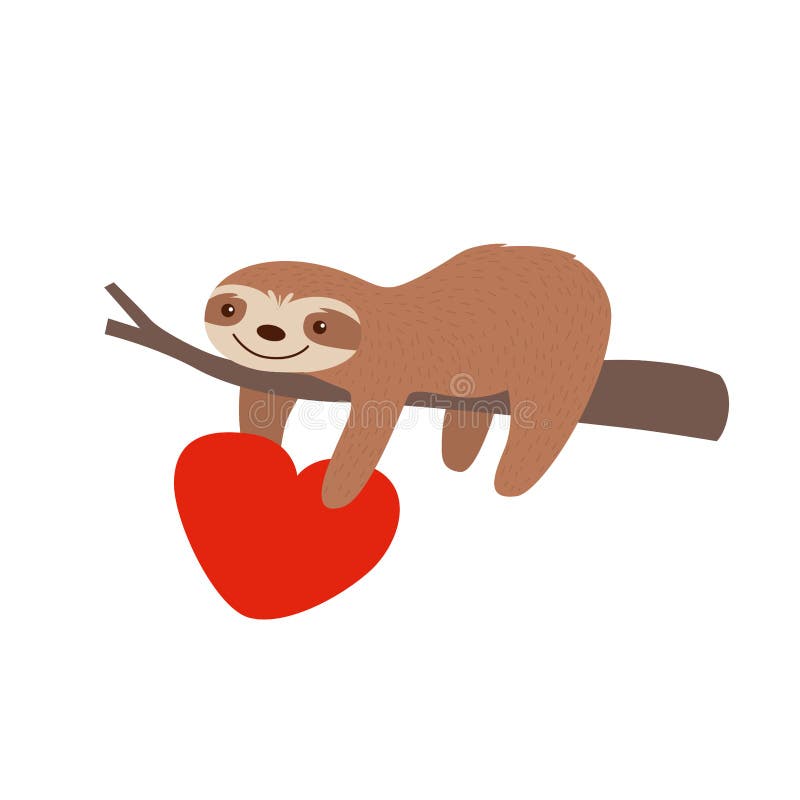 Sloth on the Tree Branch with Heart. Vector Illustration for Valentine ...