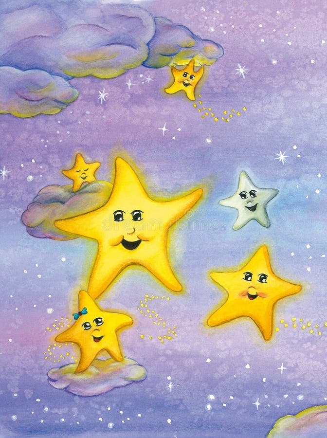 Cute smiling stars over the night sky. Watercolor art. stock illustration Cute smiling stars over the night sky. Watercolor art. stock illustration