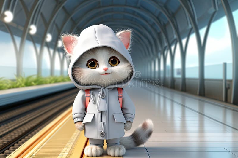 Cute smiling tiny kitten dressed like a child waiting for a train on a platform, 3d cartoon style illustration royalty free illustration