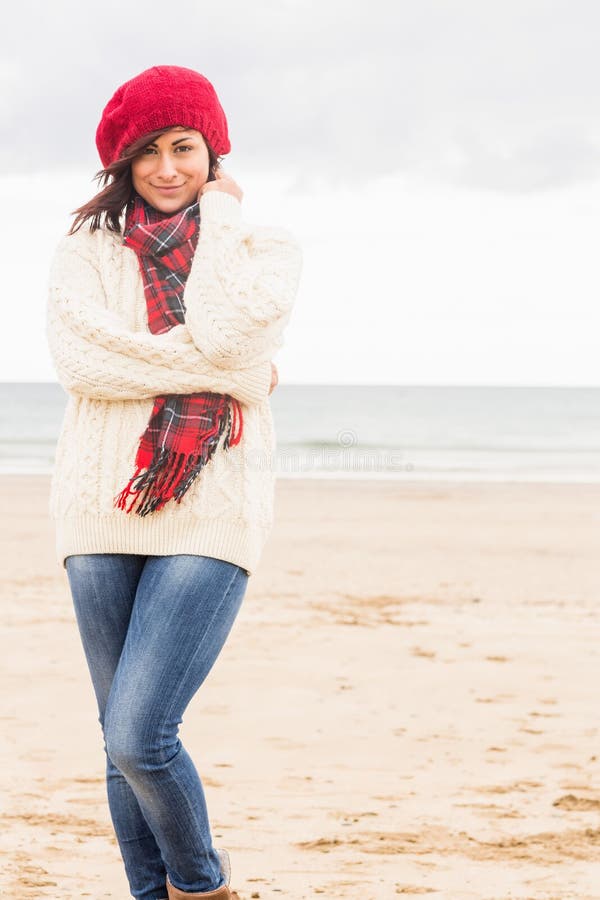Cute Smiling Woman in Stylish Warm Clothing at Beach Stock Image ...