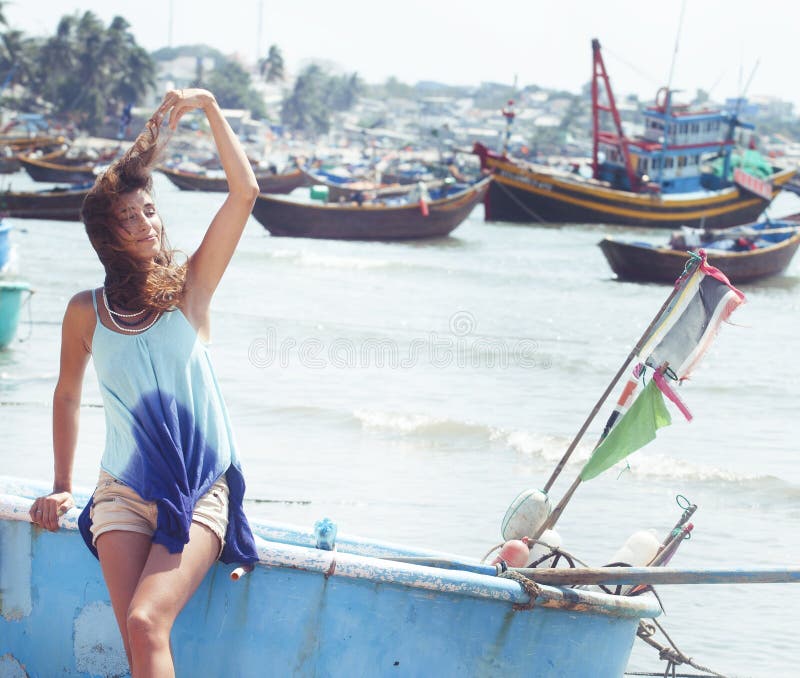 Cute Smiling Young Real Woman in Asian Country Sea Port, Vietnam ...