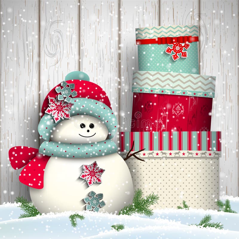 Cute snowman with stack of big colorful presents