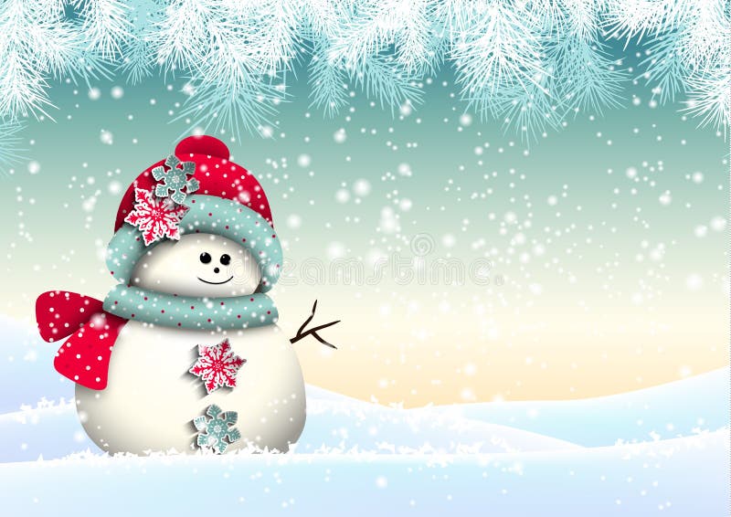 Cute snowman with in winter landscape