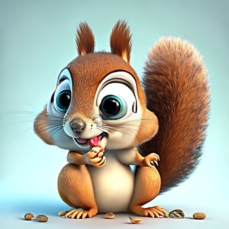 Cute squirrel with nut in mouth cracked nuts on the ground Comic 3D AI Generated