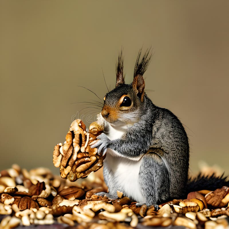 Cute Squirrel Eating a Nut, AI Generated Illustration Stock