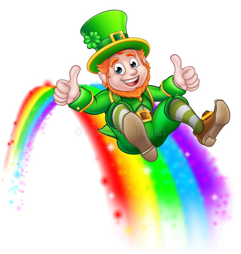 St Patricks Day Leprechaun Sliding on Rainbow Stock Vector