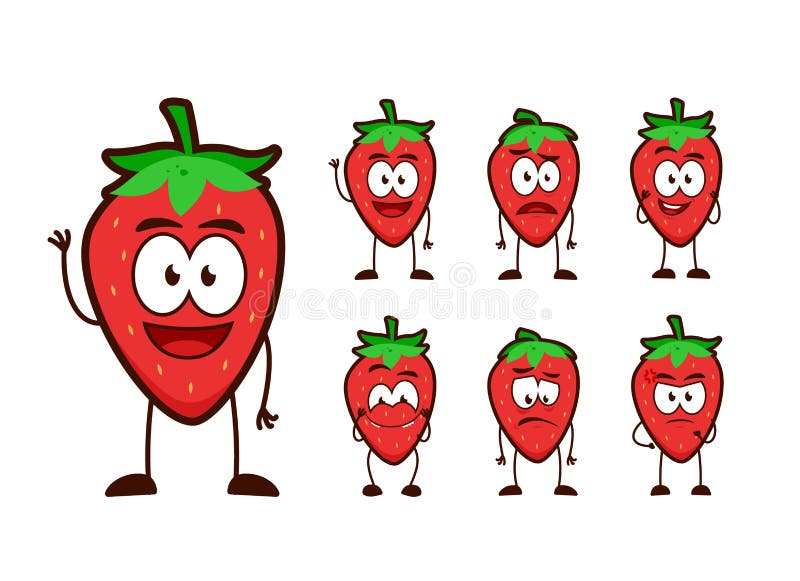 Cute strawberry fruit character cartoon mascot pose set humanized funny expression stock illustration